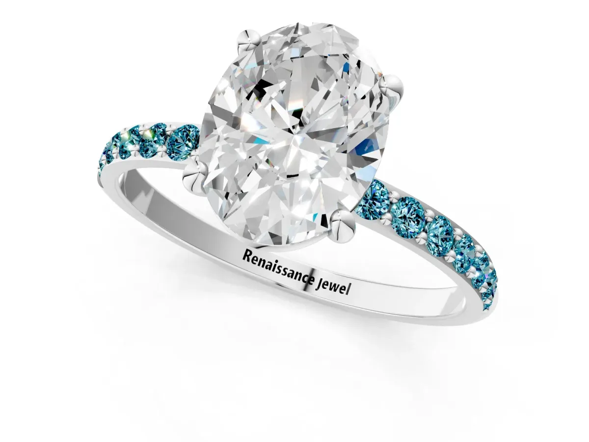 Oval Cut Diamond Solitaire Ring with Round Blue Topaz Pavé Band and Prong Setting Silver