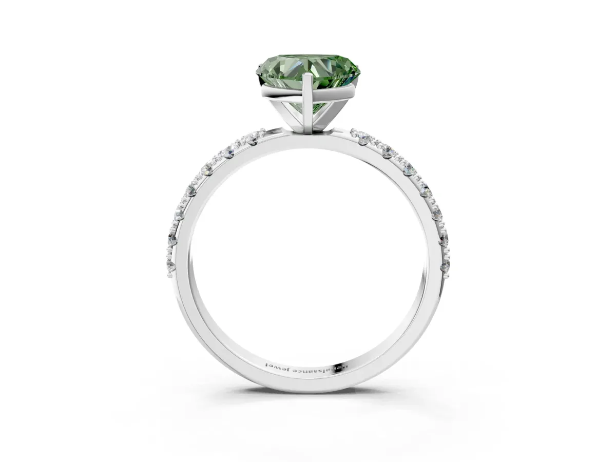 Fancy Green Heart Cut Diamond Solitaire Pavé Band with Four-Prong Setting Silver