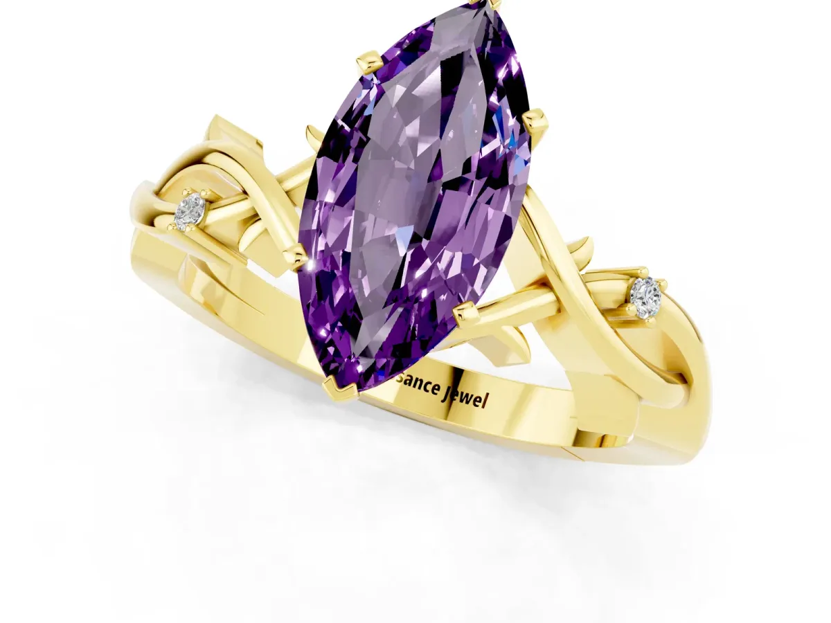 Marquise Cut Amethyst Solitaire Ring with Twisted Band and Prong Setting Yellow gold