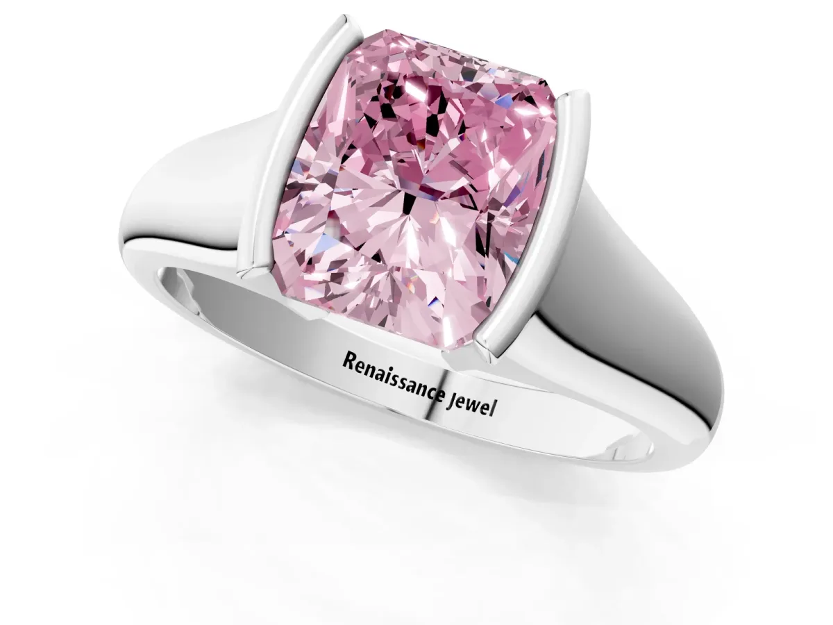 Fancy Pink Radiant Cut Solitaire Tension Set Diamond Ring with Split Shank Band Platinum