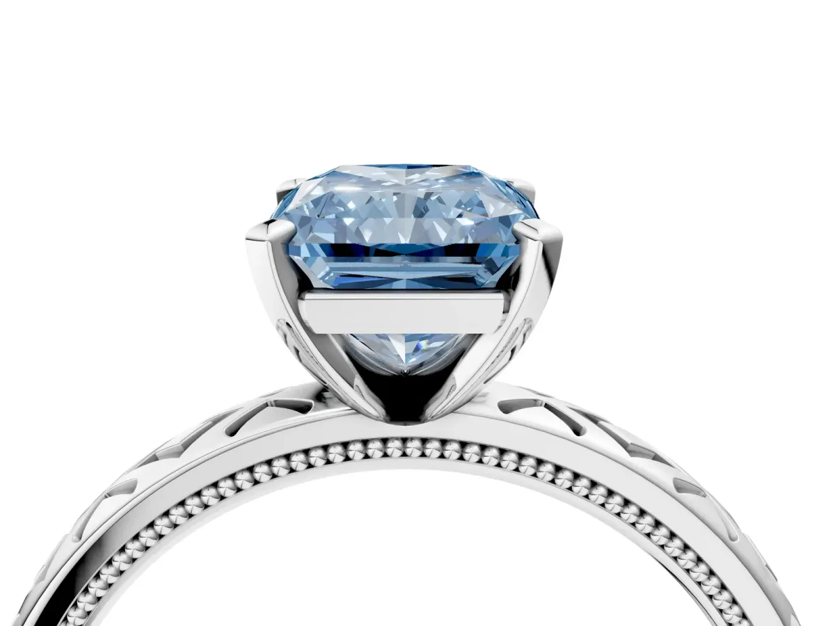 Fancy Blue Radiant Cut Solitaire Diamond Ring with Milgrain and Black Enamel X Pattern Band Platinum