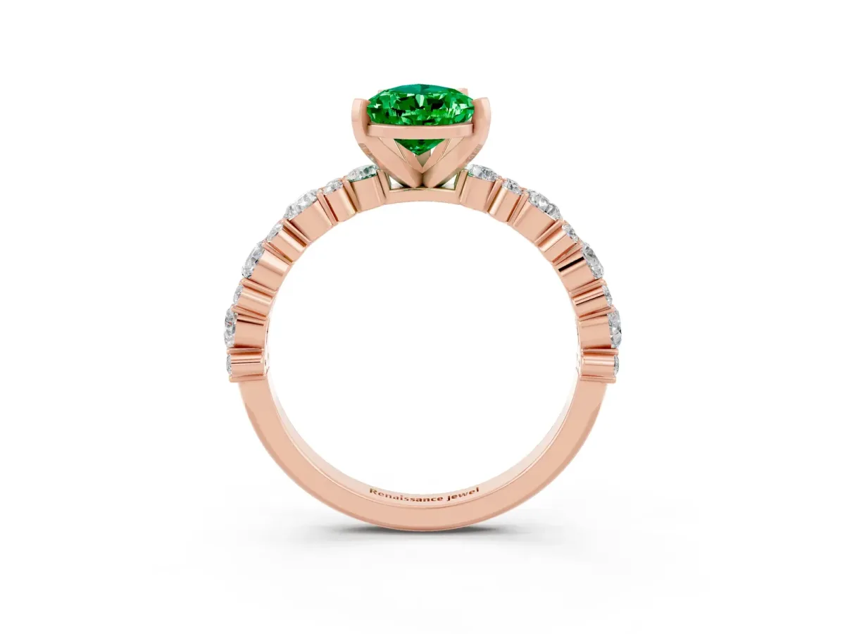 Pear Cut Emerald Side Stone Solitaire Ring with Round and Four-Prong Setting Rose gold