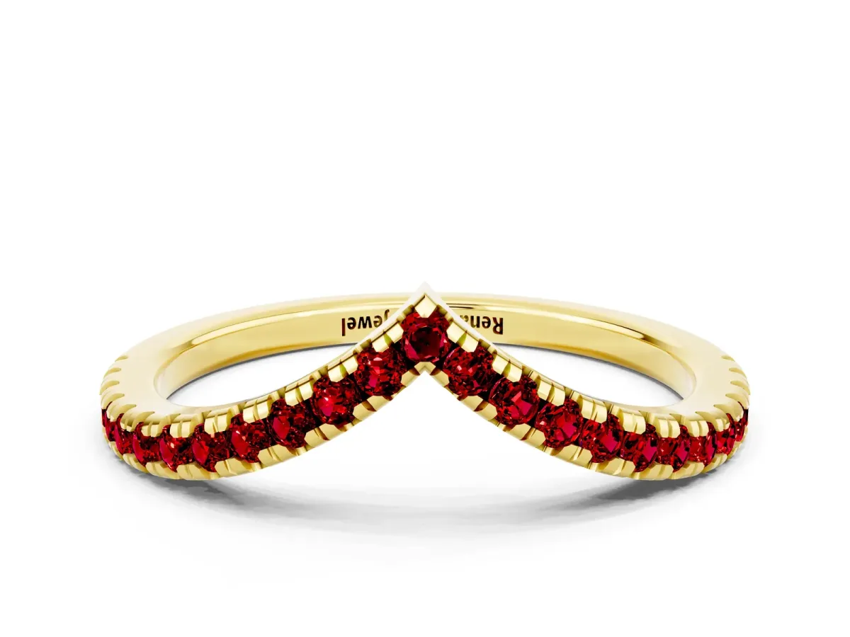 Pavé Round Ruby V-Shaped Chevron Band with Shared Prong Setting Yellow gold