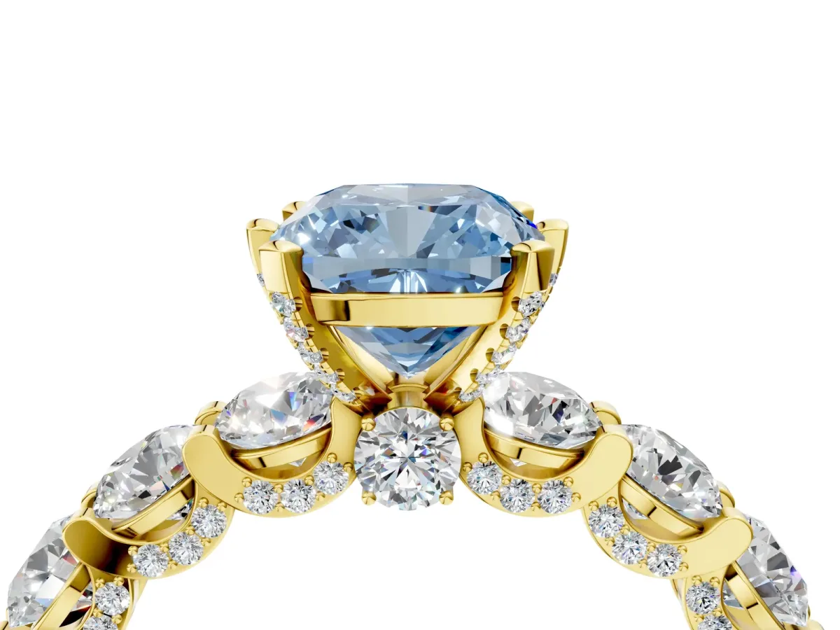 Fancy Blue Cushion Cut Diamond Side Stone Engagement Ring with Four-Prong Setting Yellow gold