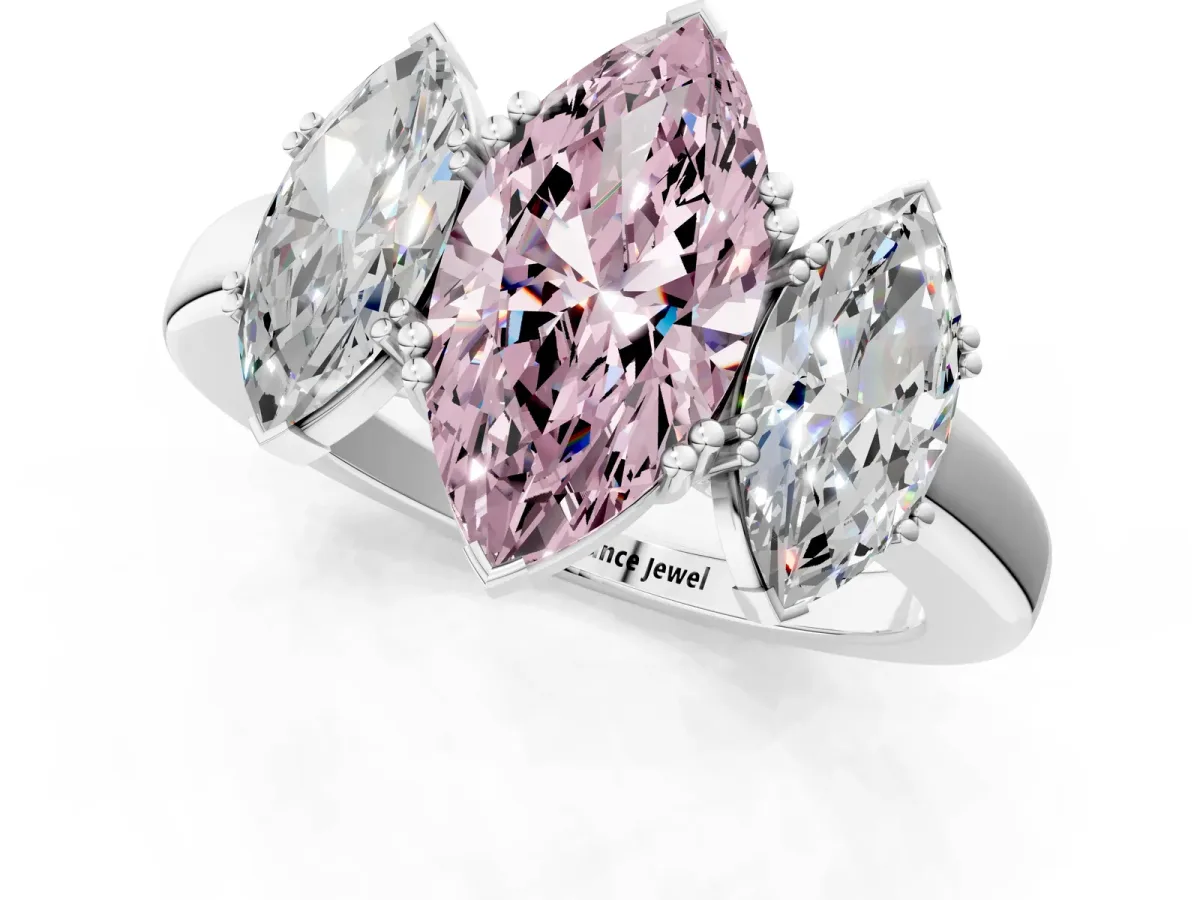 Fancy Pink Three-Stone Marquise Cut Cut Diamond Ring with Channel Set Band and Four-Prong Setting Silver