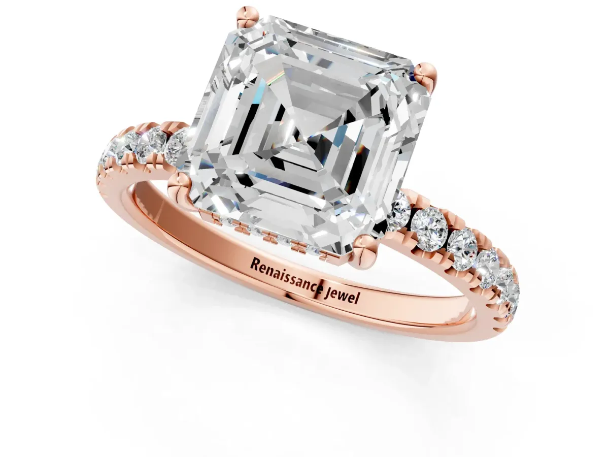 Asscher Cut Diamond Pave Band Solitaire Ring with Round and Prong Setting Rose gold