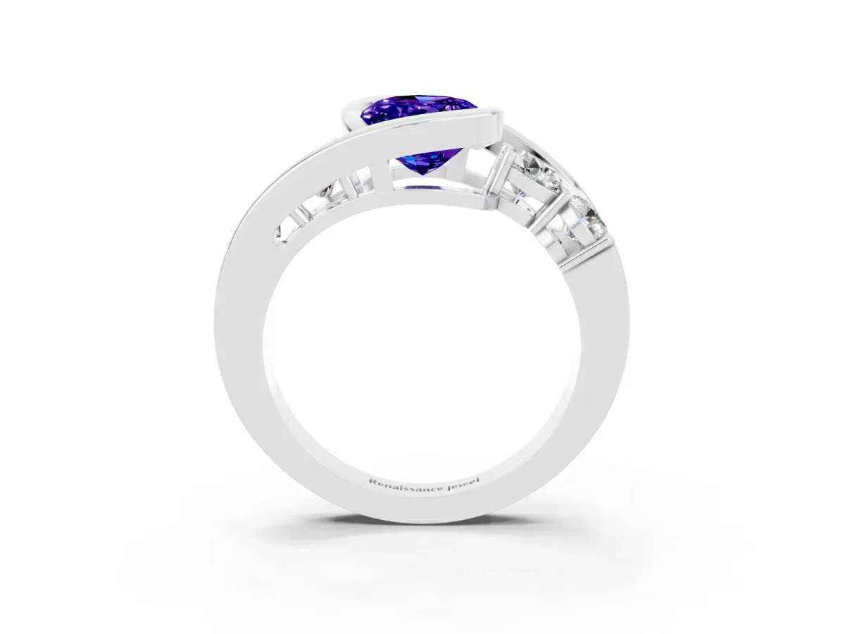 Bezel Set Oval Cut Tanzanite Bypass Ring with Round Accents Silver