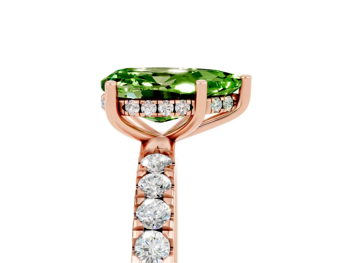 Pear Cut Peridot Pave Band Solitaire Ring with Round and Prong Setting Rose gold