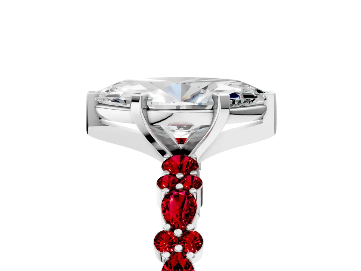 Marquise Cut Diamond Side Stone Solitaire Ring with Round Ruby and Four-Prong Setting Silver