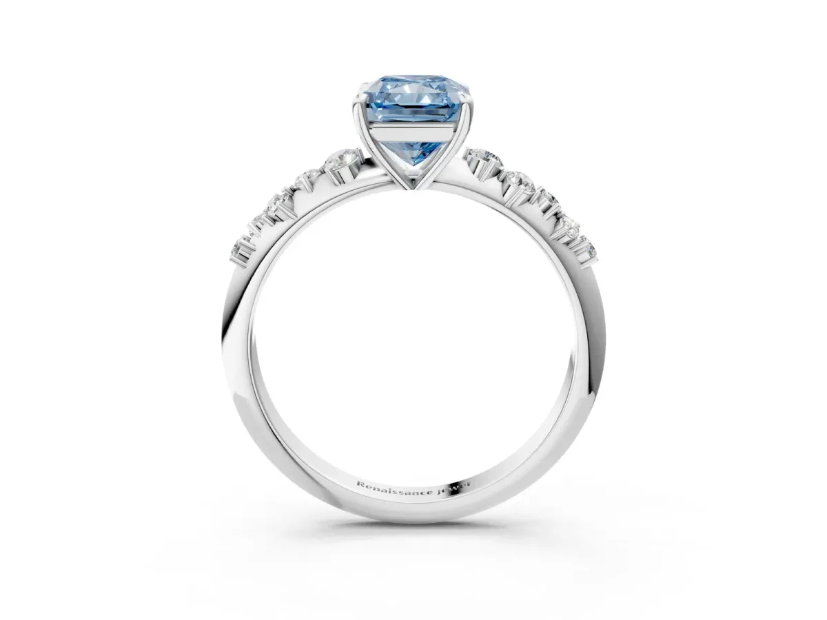 Fancy Blue Radiant Cut Diamond Cluster Side Stone Solitaire Ring with Prong Setting Platinum