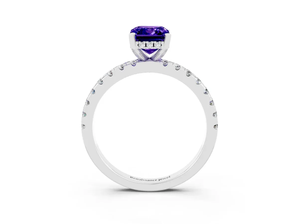 Emerald Cut Tanzanite Solitaire Ring with Round Pavé Band and Four-Prong Setting Silver