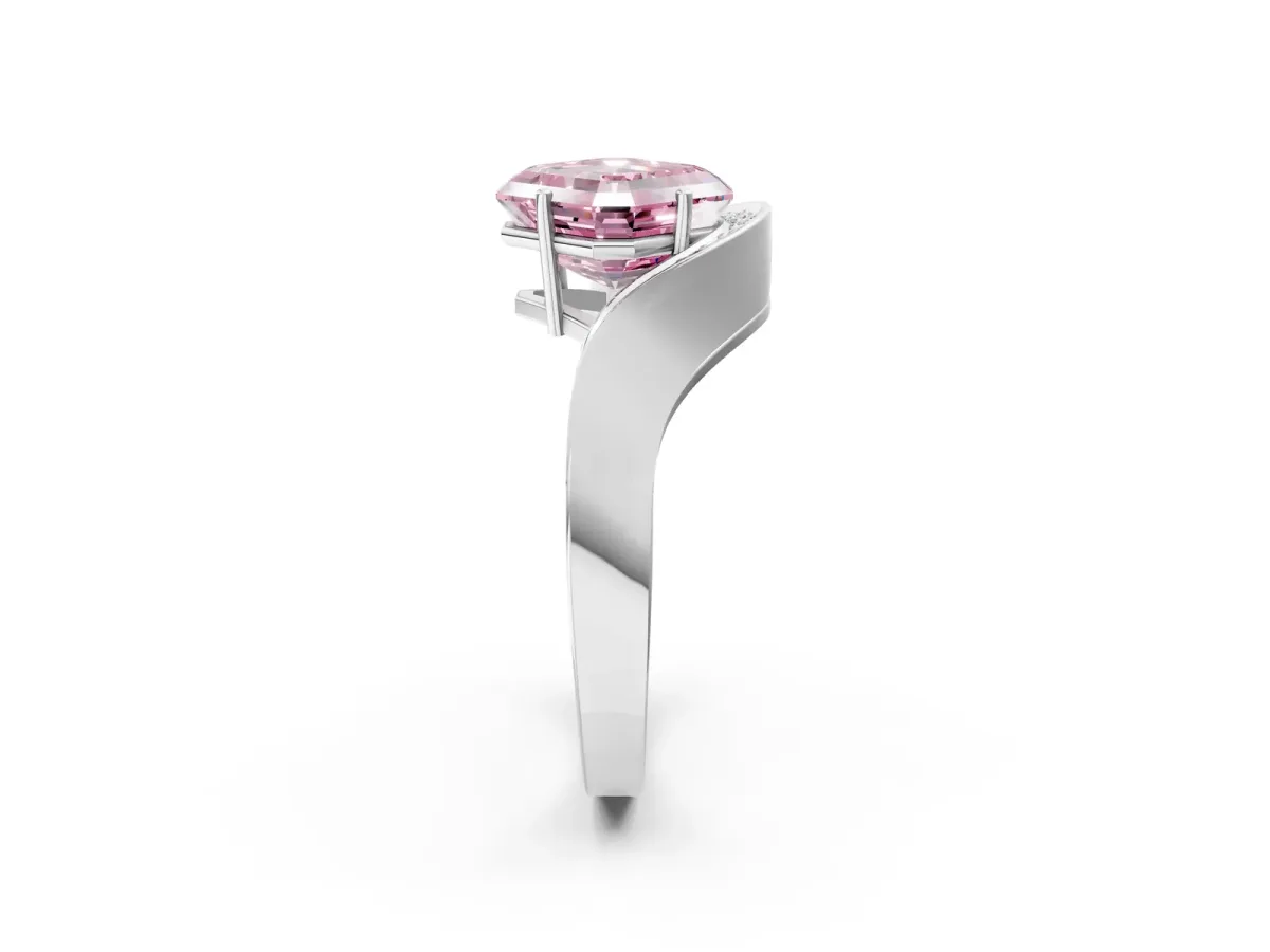 Fancy Pink Asscher Cut Solitaire Diamond Engagement Ring with Pave Band and Four-Prong Setting Silver