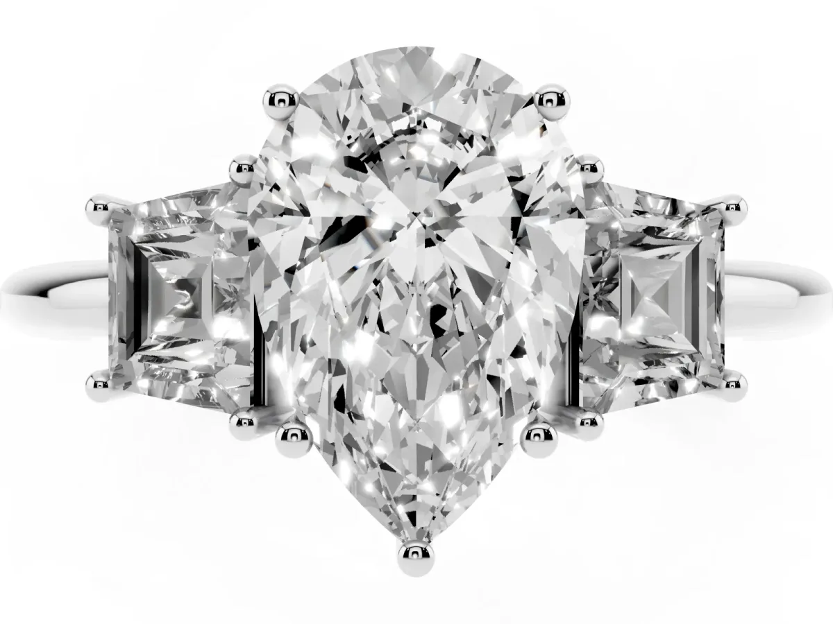 Pear Cut Diamond Three-Stone Ring with Trapezoid Side Stones and Prong Setting Platinum