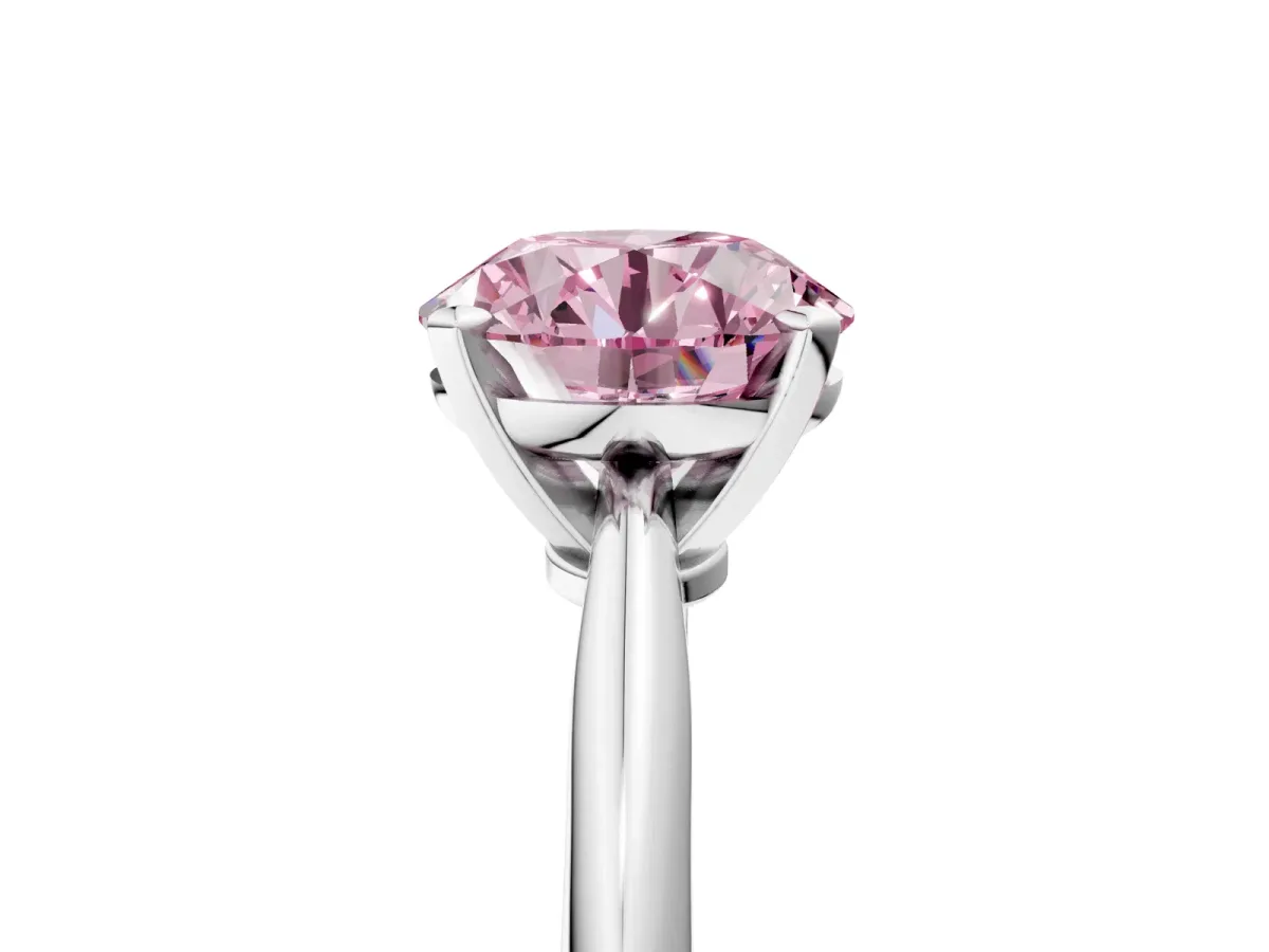 Fancy Pink Round Cut Diamond Solitaire Engagement Ring with Classic Band and Four-Prong Setting Silver