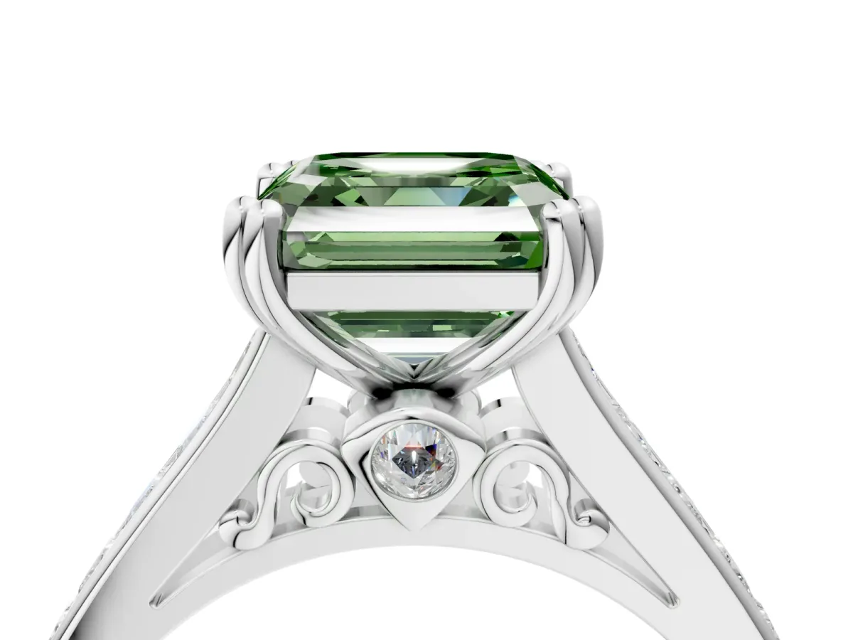 Fancy Green Asscher Cut Cut Channel Set Solitaire Engagement Ring with Prong Setting Platinum