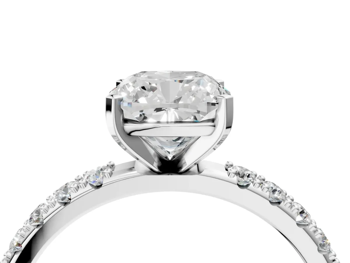 Cushion Cut Diamond Solitaire Pavé Band with Four-Prong Setting White gold