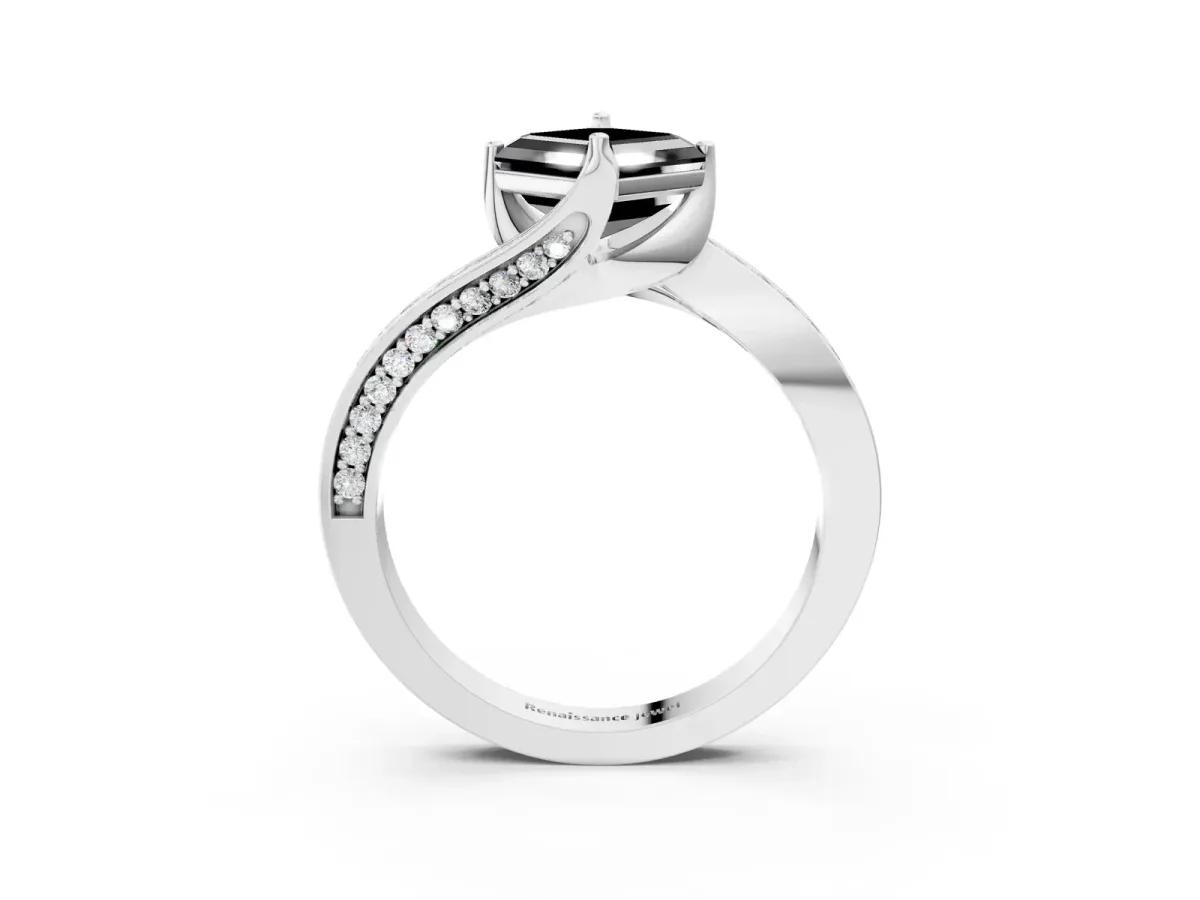 Fancy Black Asscher Cut Solitaire Diamond Twist Band with Pavé Setting and Four-Prong Setting Platinum