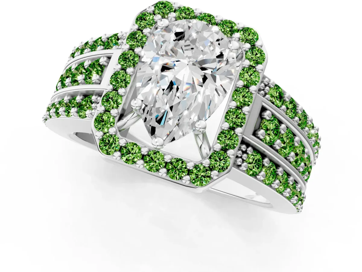 Pear Cut Halo Diamond Ring with Round Peridot Split Shank and Prong Setting Platinum
