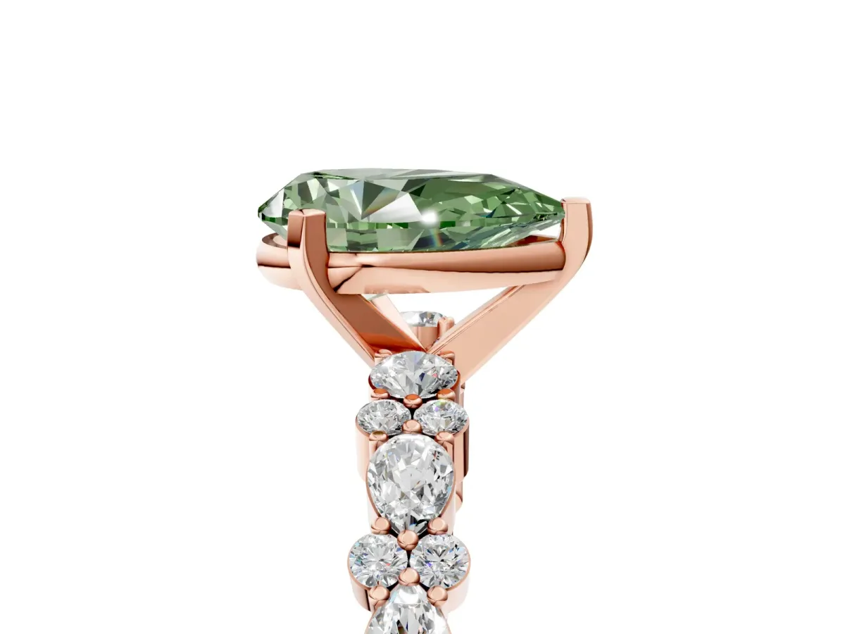 Fancy Green Pear Cut Diamond Side Stone Solitaire Ring with Round and Four-Prong Setting Rose gold