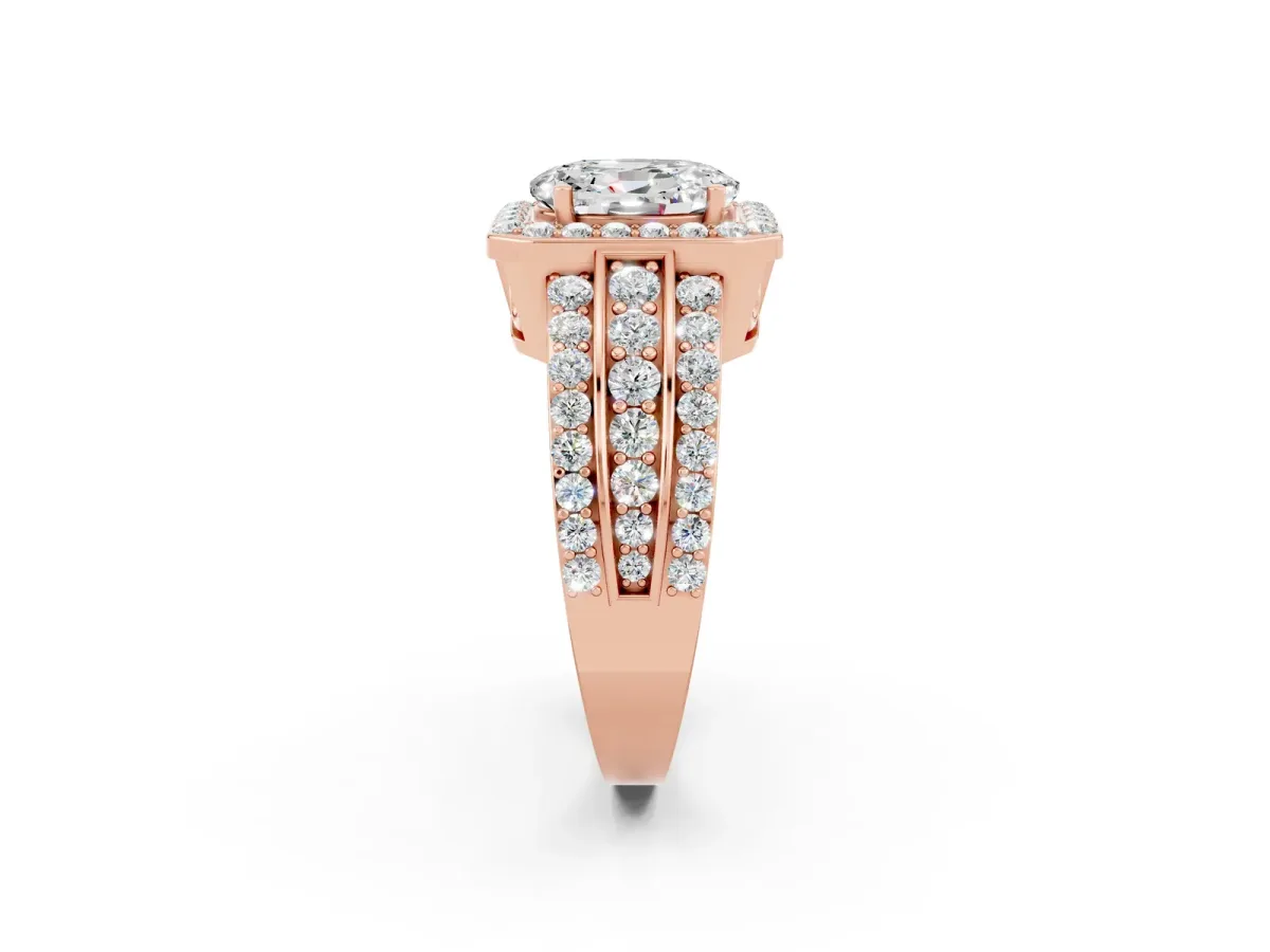 Oval Cut Halo Moissanite Ring with Round Split Shank and Prong Setting Rose gold