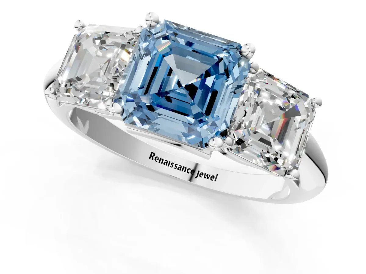 Fancy Blue Three-Stone Asscher Cut Cut Diamond Engagement Ring with Prong Setting on a White Gold Band Silver