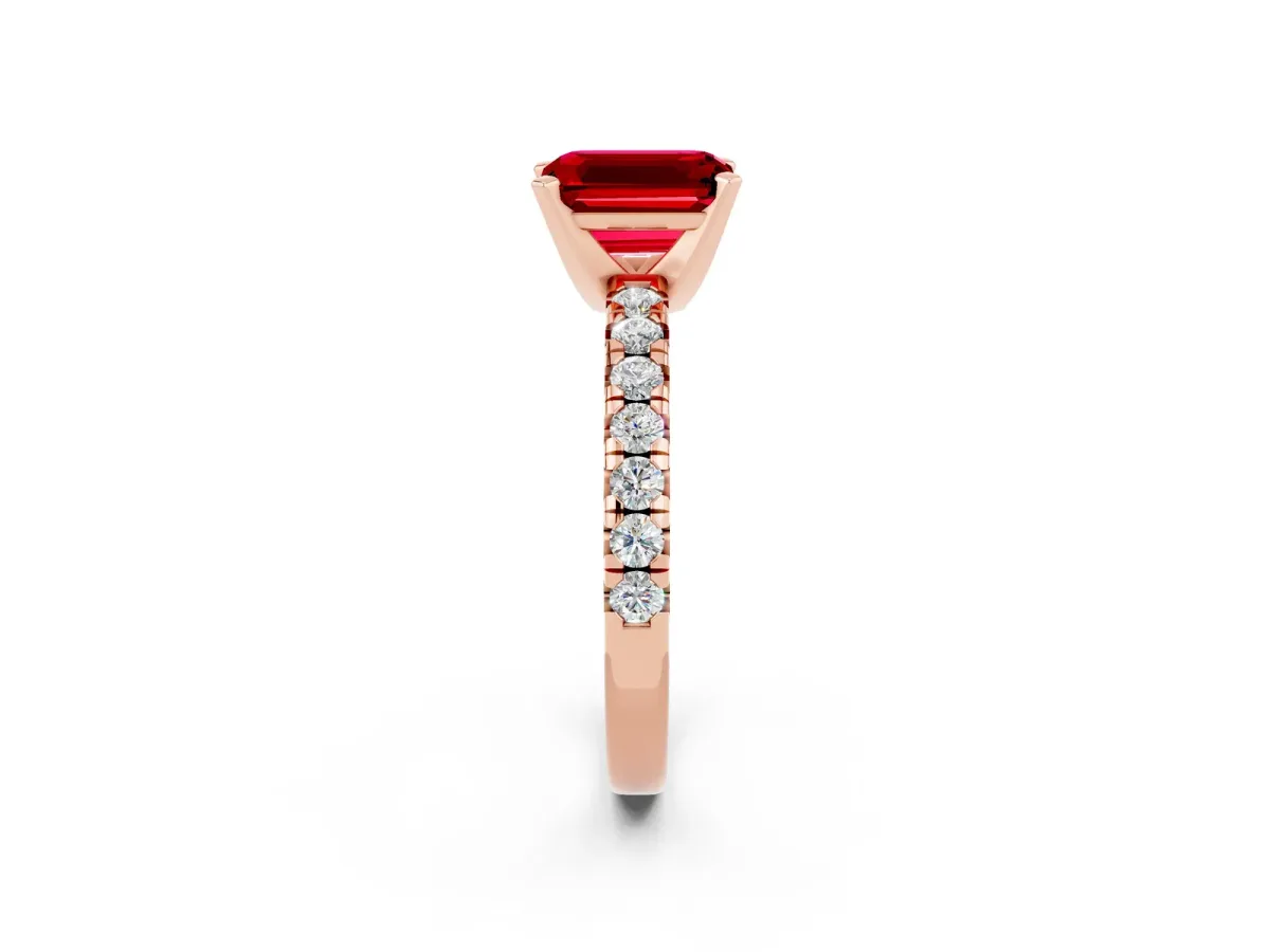 Emerald Cut Ruby Solitaire Pavé Engagement Ring with Round Band and Prong Setting Rose gold