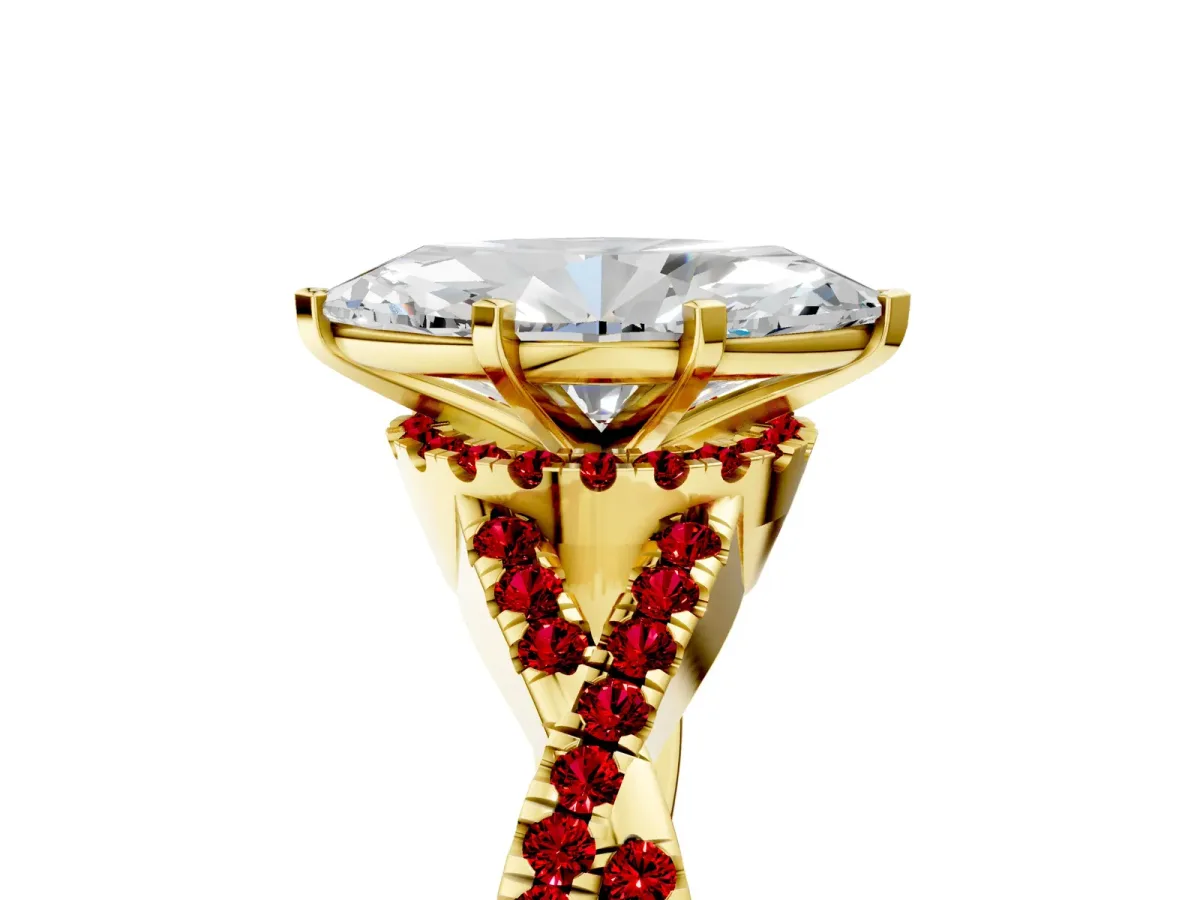 Marquise Cut Diamond Ruby Halo Twist Band Solitaire Prong Setting Ring Yellow gold