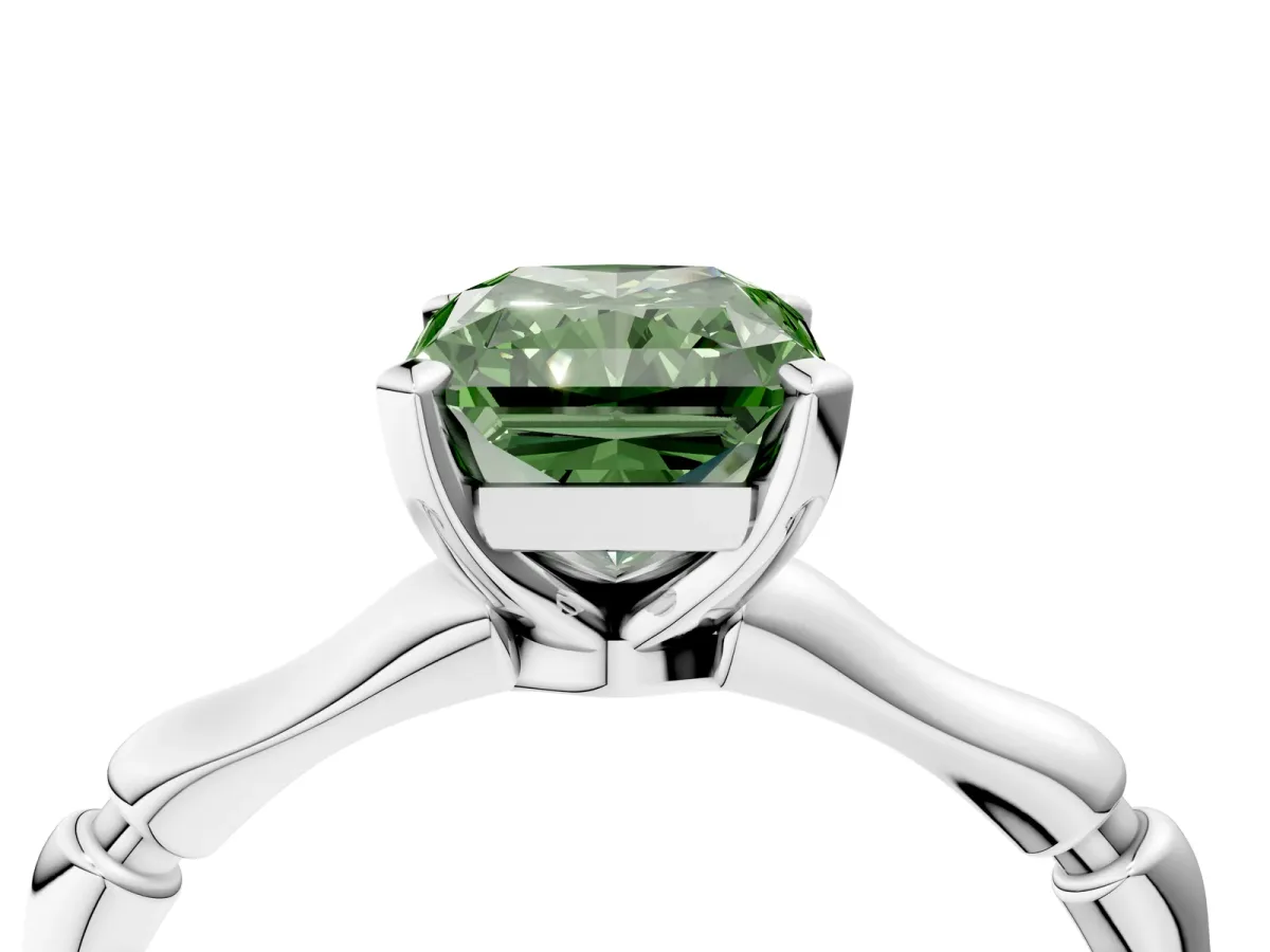 Fancy Green Radiant Cut Solitaire Diamond Ring with Bamboo Band and Four-Prong Setting Platinum