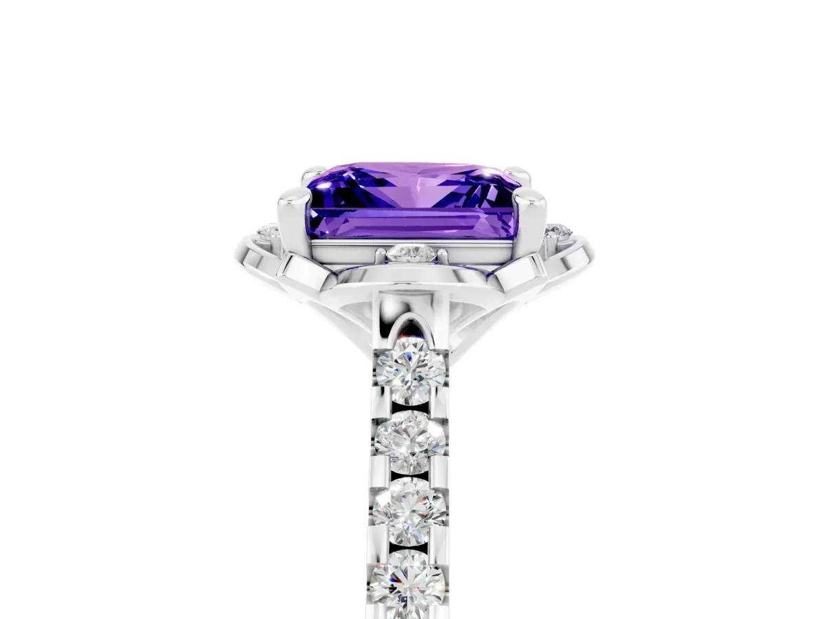 Princess Cut Tanzanite Ring with Pavé Band and Floral Prong Setting Silver