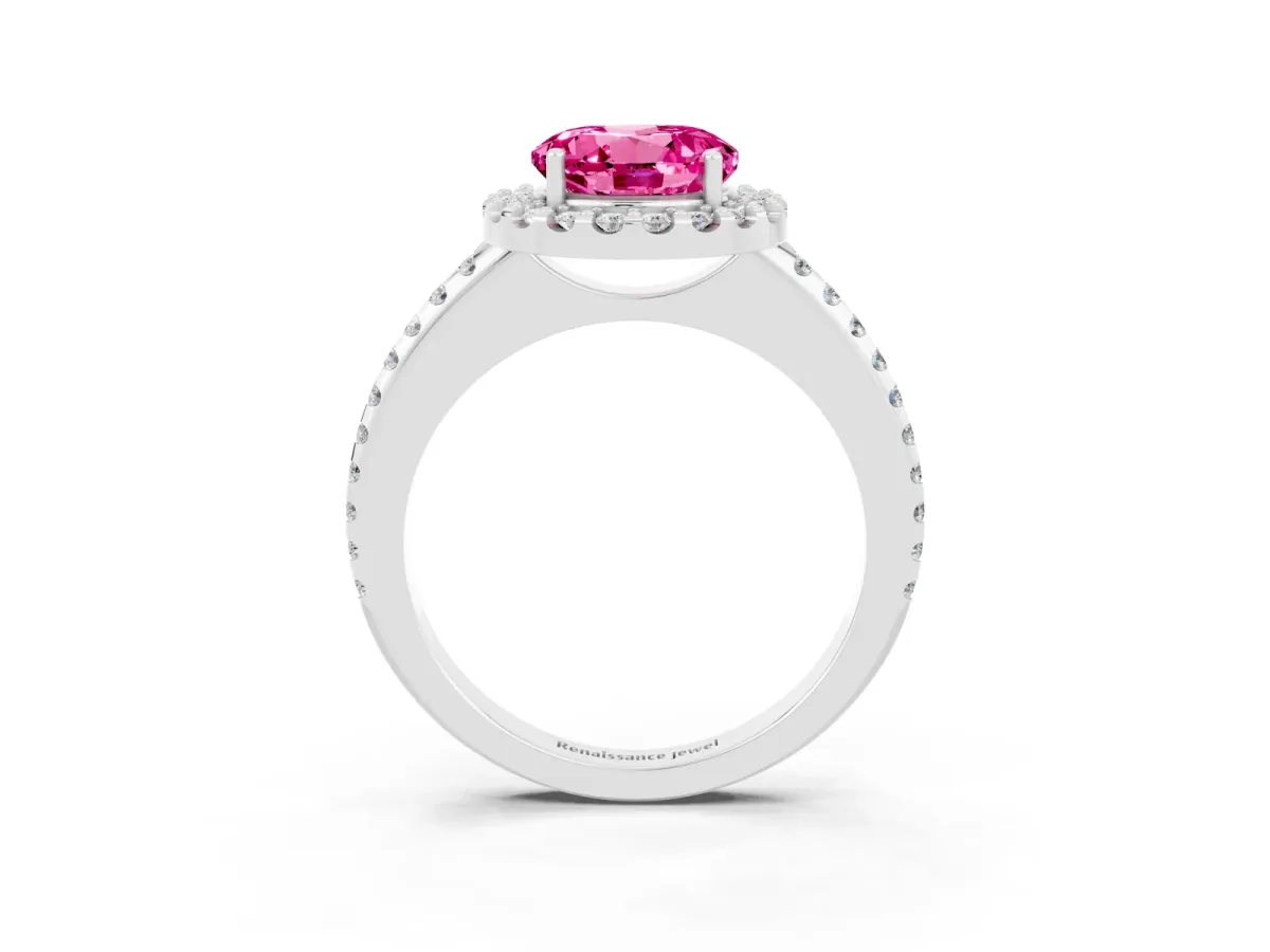 Round Cut Pink Sapphire Pavé Halo Ring with Four-Prong Setting Platinum
