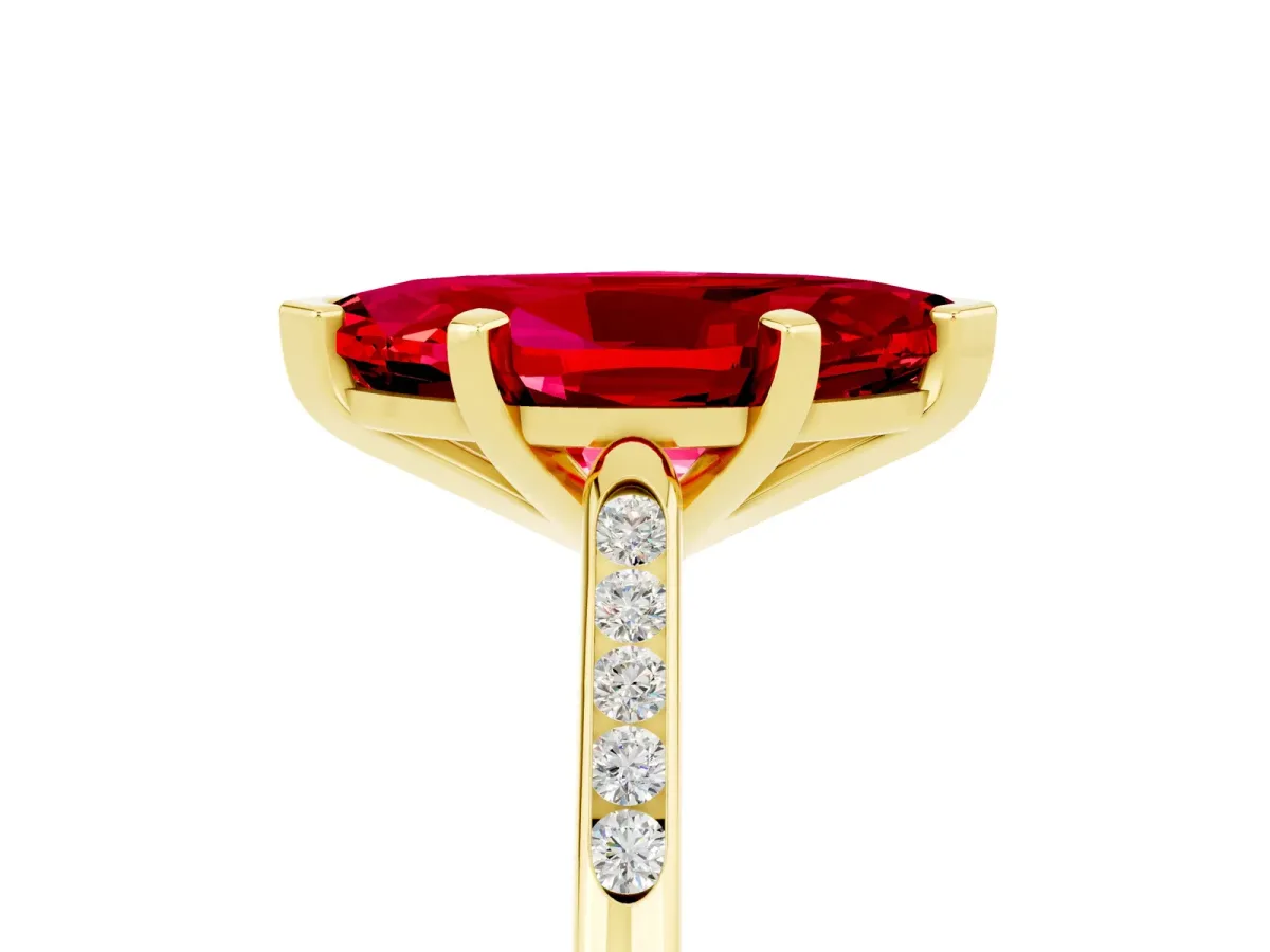 Marquise Cut Ruby Solitaire Ring with Channel Set Round Band and Prong Setting Yellow gold