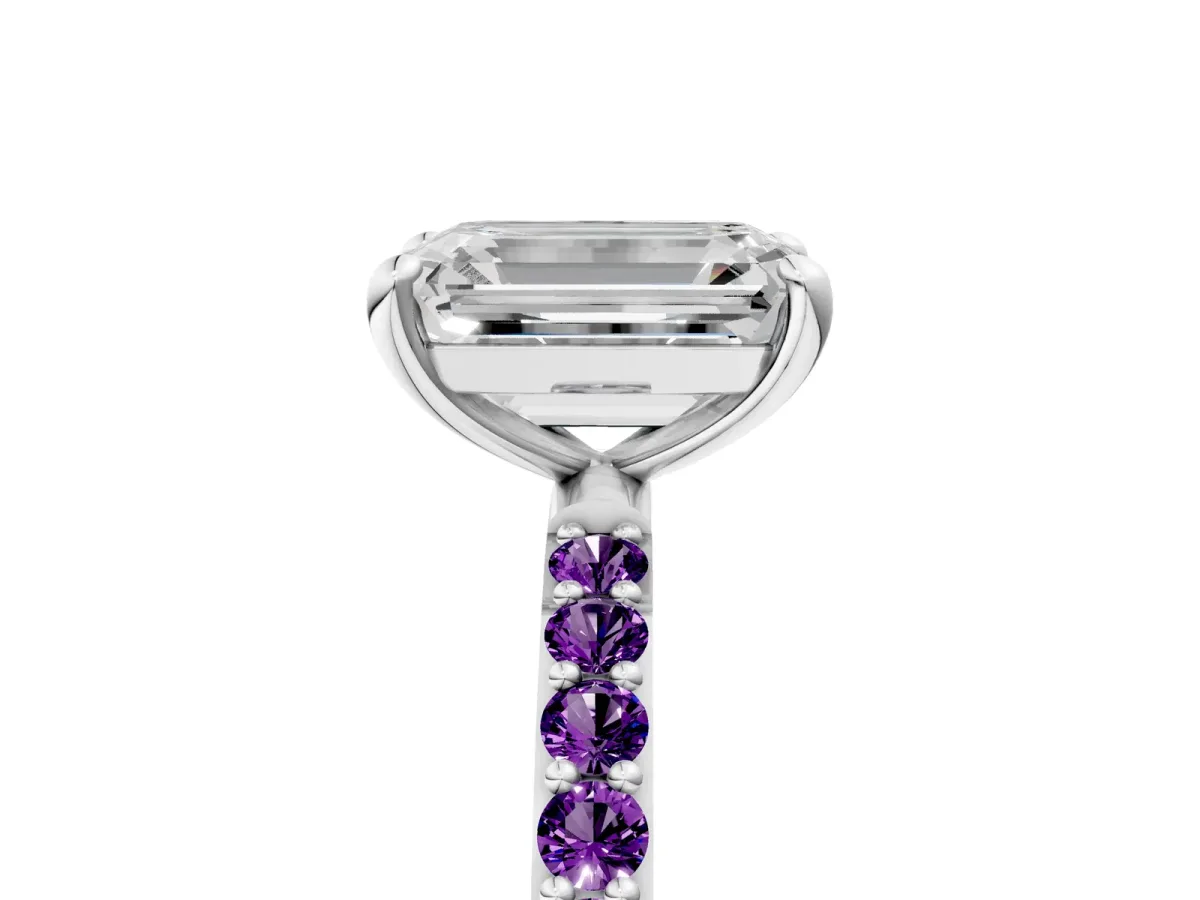 Emerald Cut Diamond Solitaire Ring with Round Amethyst Pavé Band and Prong Setting Silver