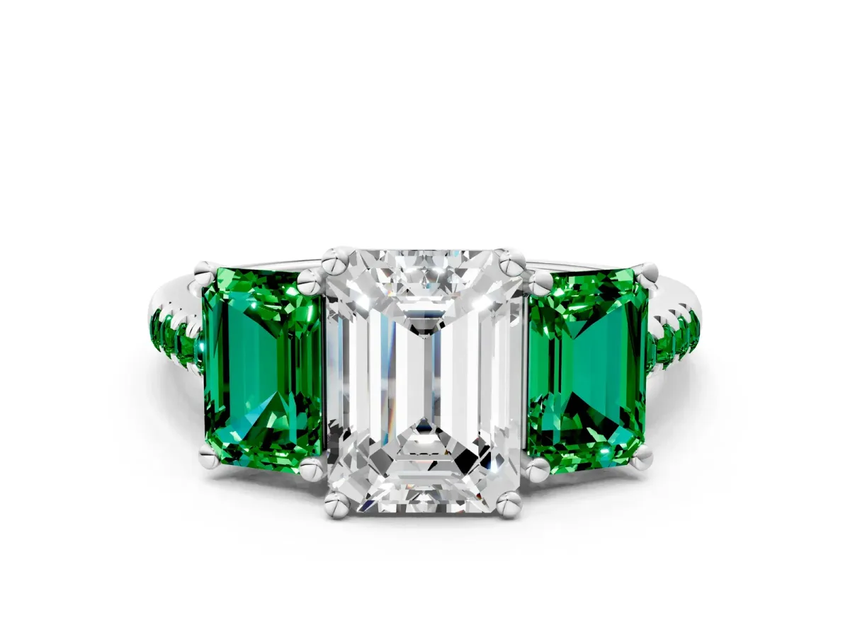Three-Stone Emerald Cut Diamond Ring with Round Emerald Pavé Band and Prong Setting White gold