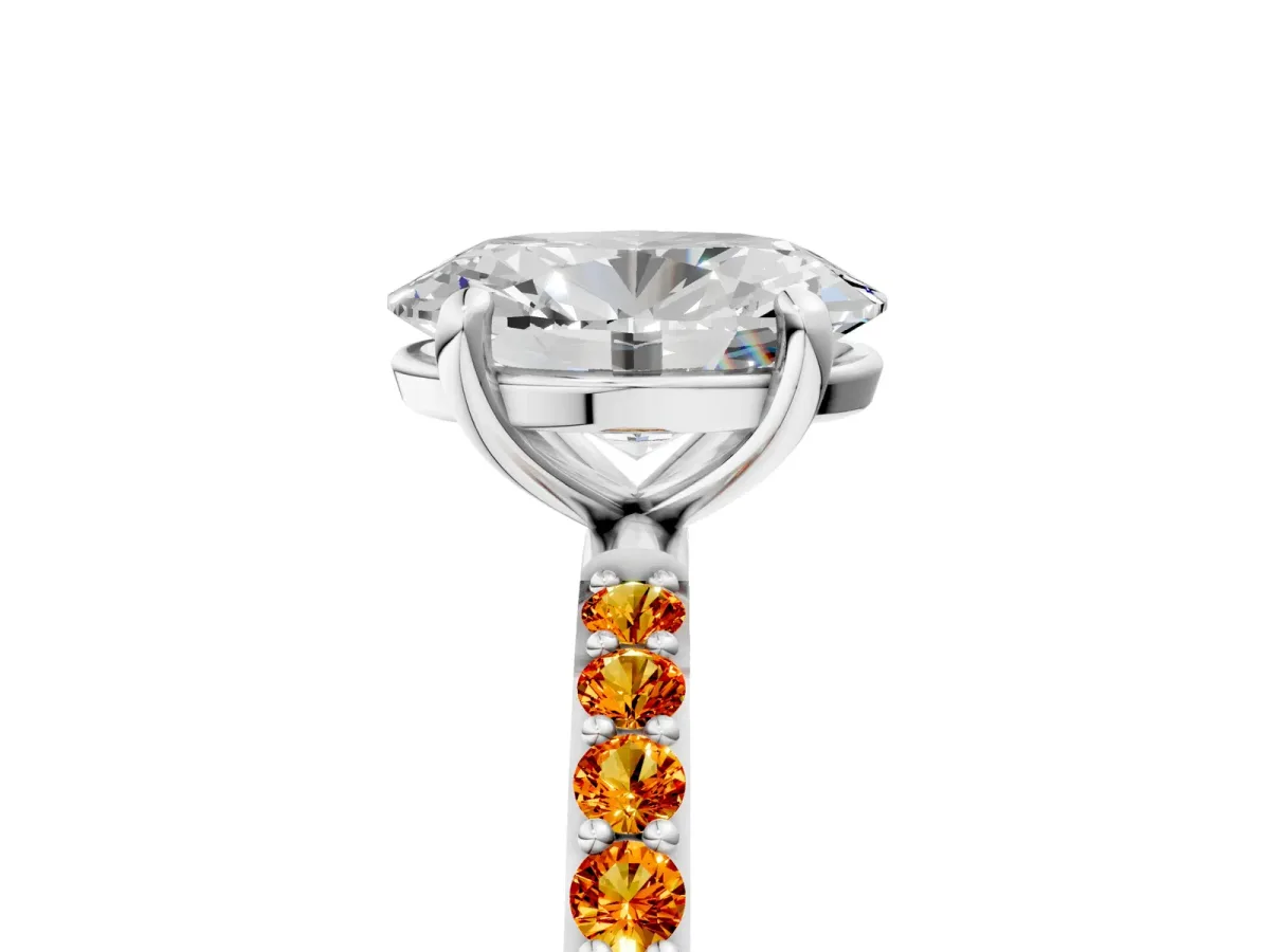 Oval Cut Diamond Solitaire Ring with Round Citrine Pavé Band and Prong Setting Silver