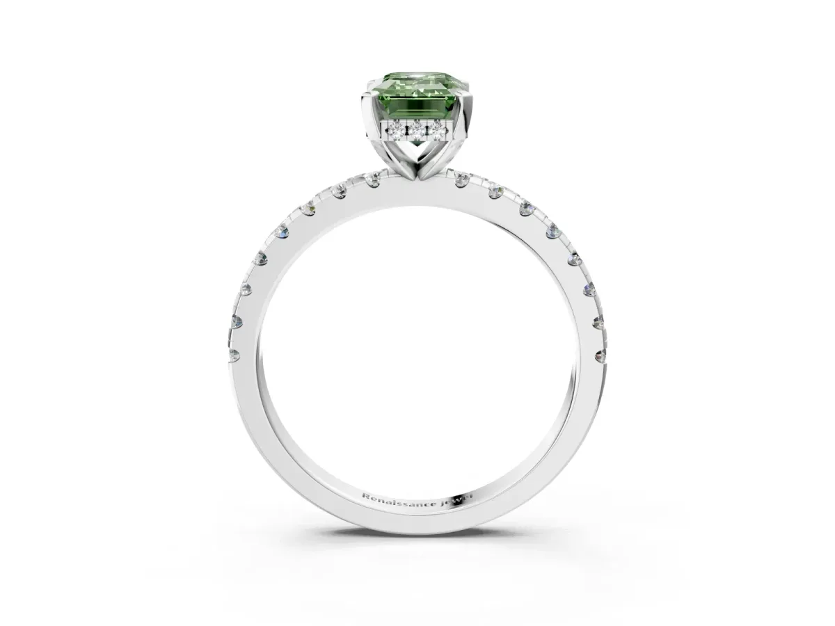 Fancy Green Emerald Cut Diamond Solitaire Ring with Round Pavé Band and Four-Prong Setting Silver