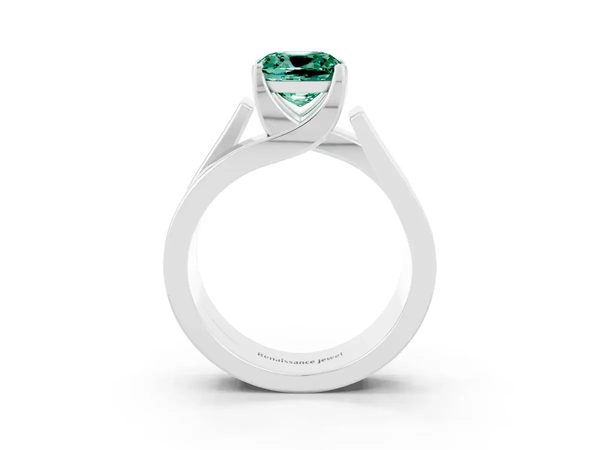 Modern Tension Set Cushion Cut Green Sapphire Solitaire Wide Band Ring Silver