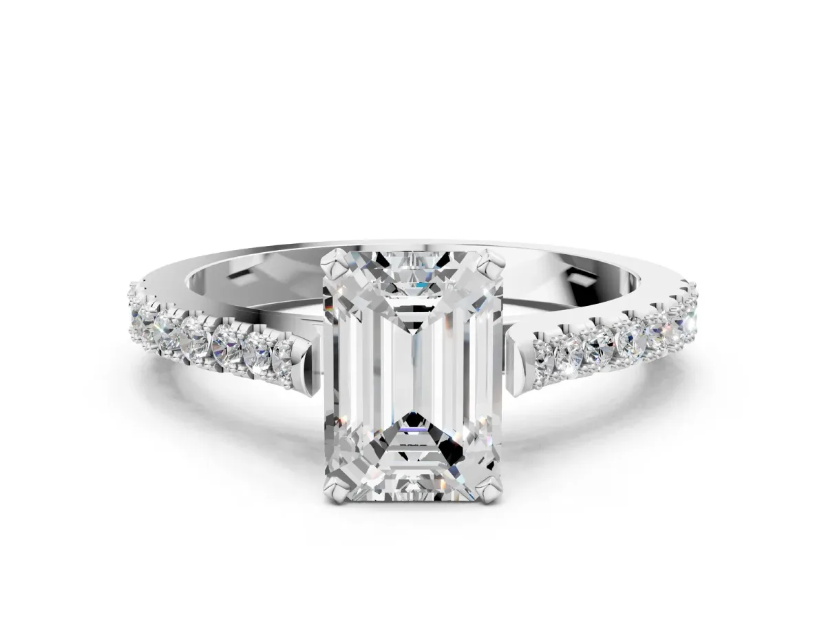 Emerald Cut Cut Solitaire Diamond Engagement Ring with Pave Band and Four-Prong Setting Silver