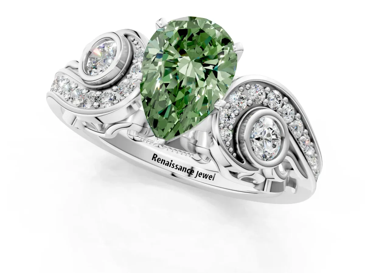Fancy Green Pear Cut Diamond Solitaire Ring with Milgrain Pavé Band and Four-Prong Setting Silver