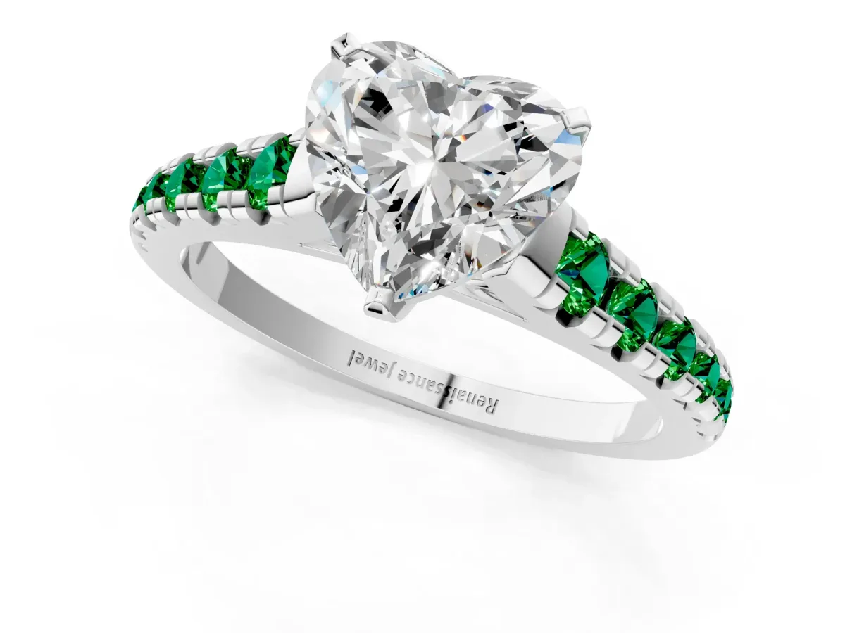 Heart Cut Diamond Cathedral Solitaire Ring with Round Emerald Pavé Band Silver