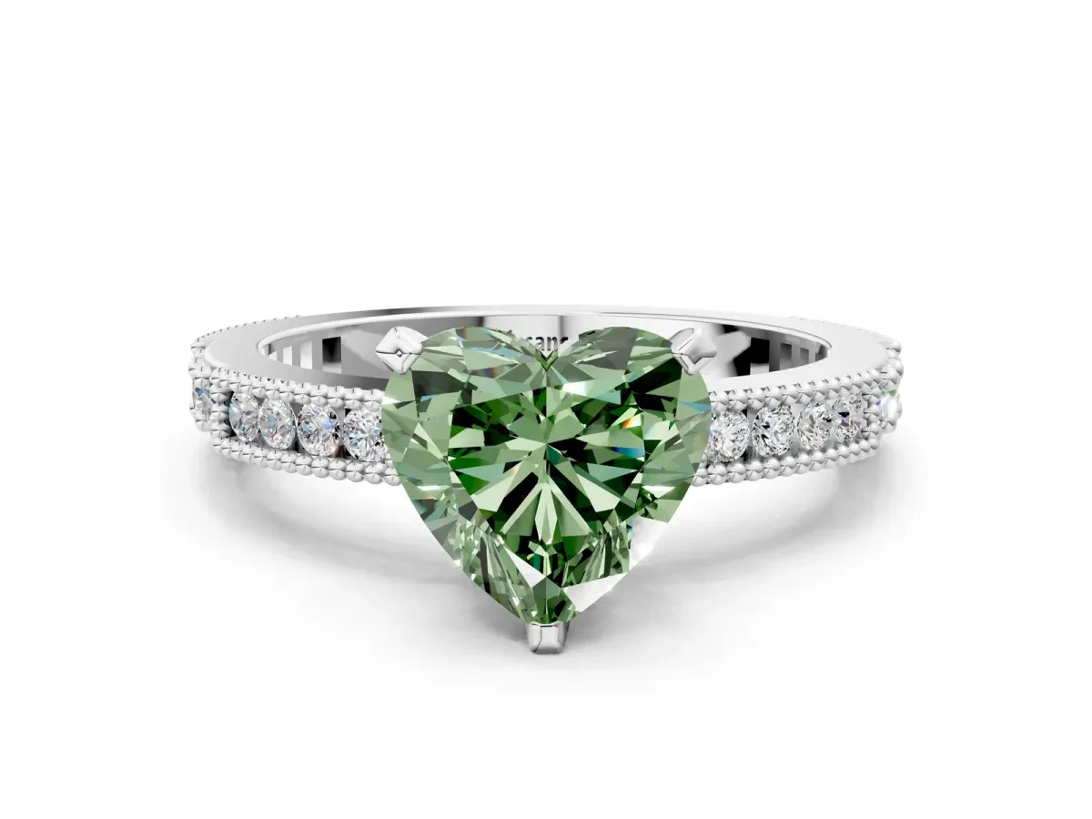 Fancy Green Heart Cut Solitaire with Pavé Band and Four-Prong Setting Silver