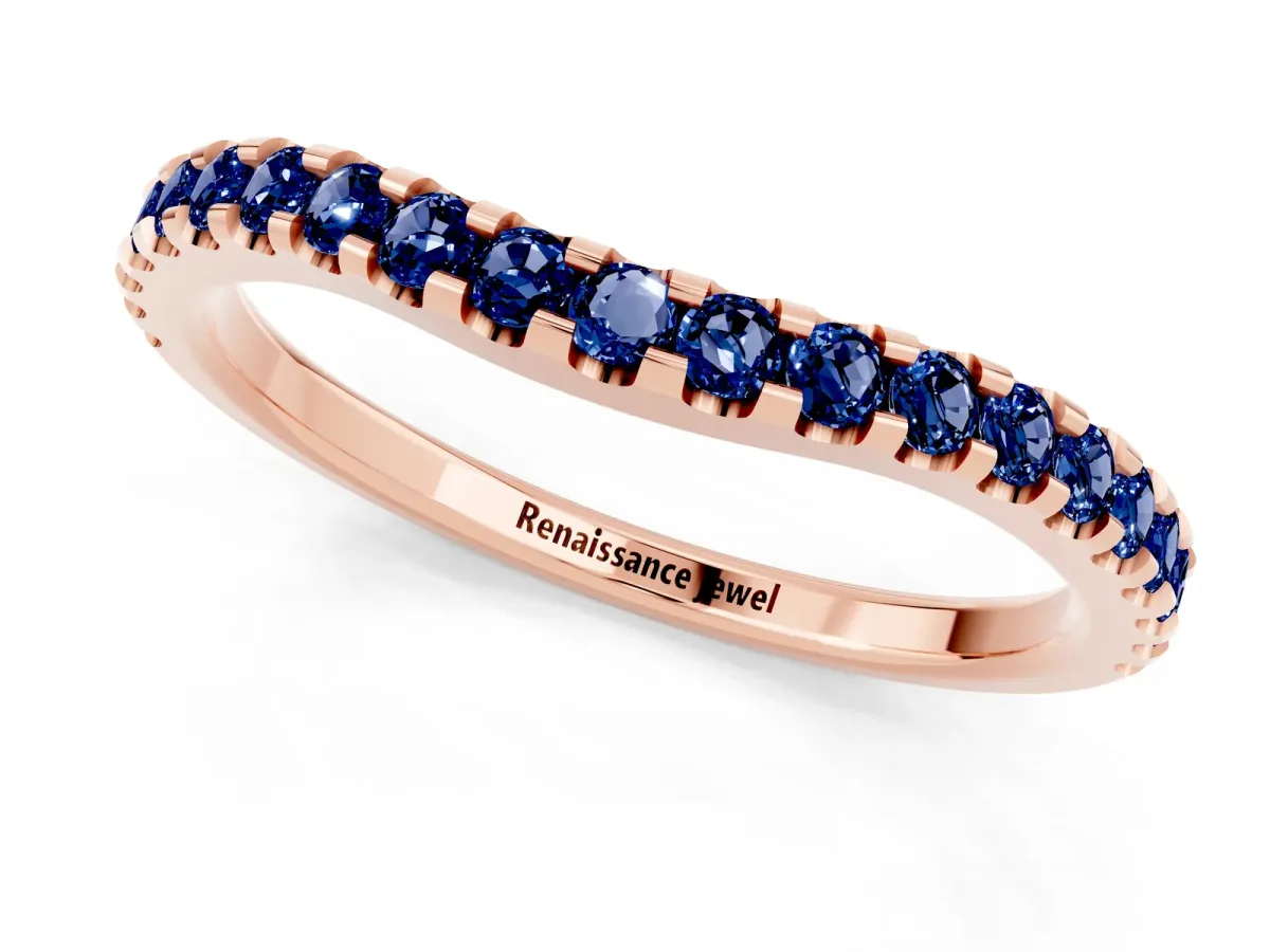 Round Blue Sapphire Pavé Curved Wedding Band Rose gold