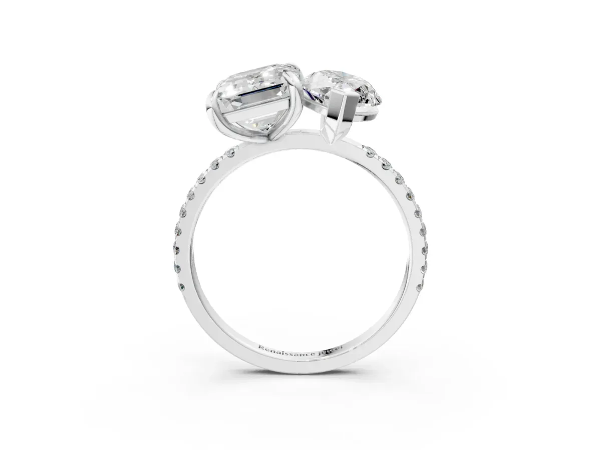 Emerald and Marquise Toi Moi Ring with Prong Setting and Pave Band Silver