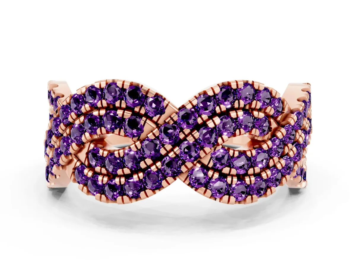 Pavé Round Amethyst Infinity Twist Band with Shared Prong Setting Rose gold