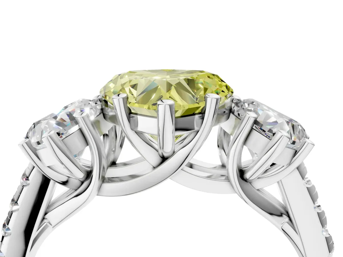 Fancy Yellow Three-Stone Heart Cut Diamond Ring with Round Pavé Band and Prong Setting Silver