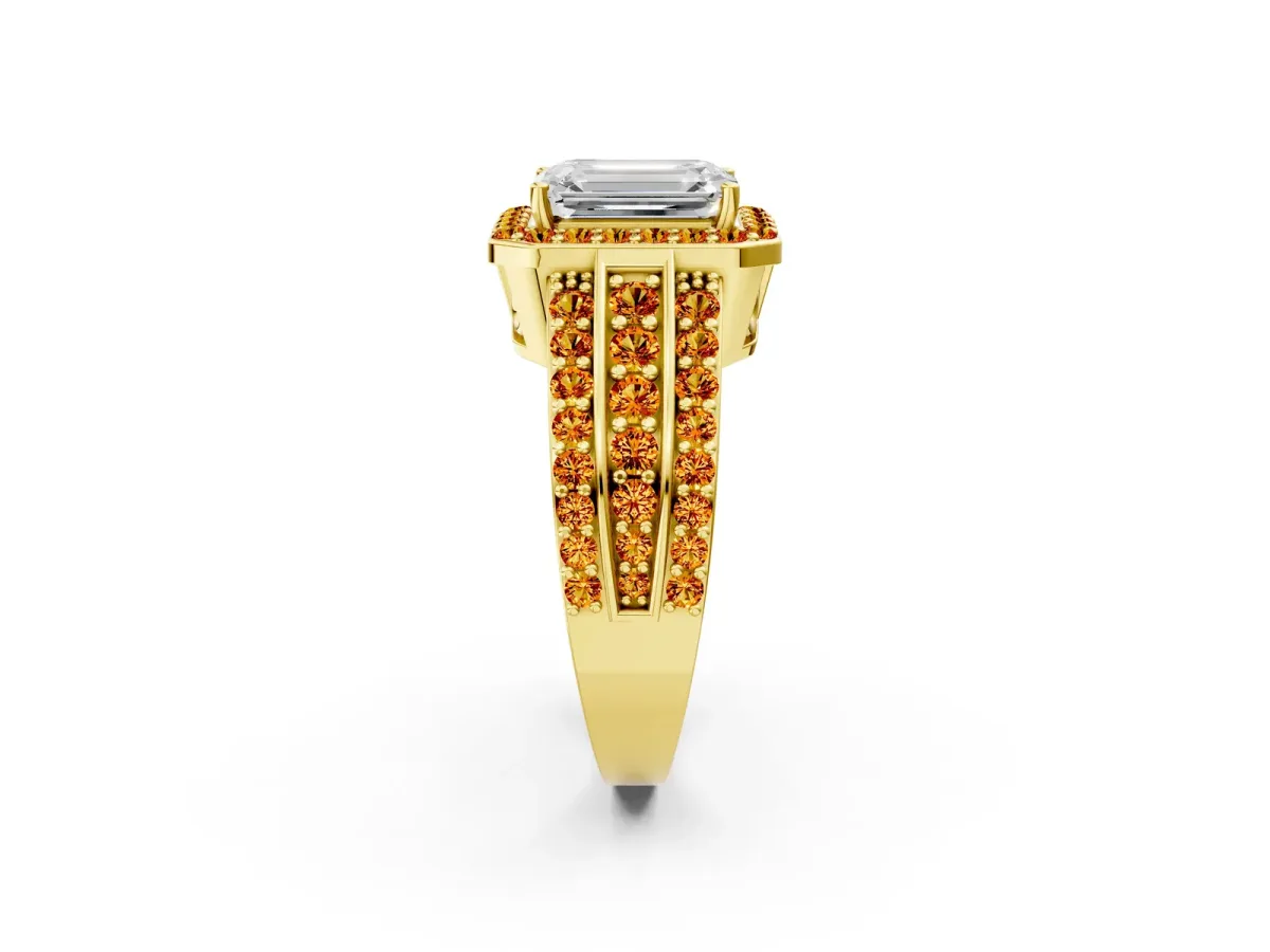Emerald Cut Halo Diamond Ring with Round Citrine Split Shank and Prong Setting Yellow gold