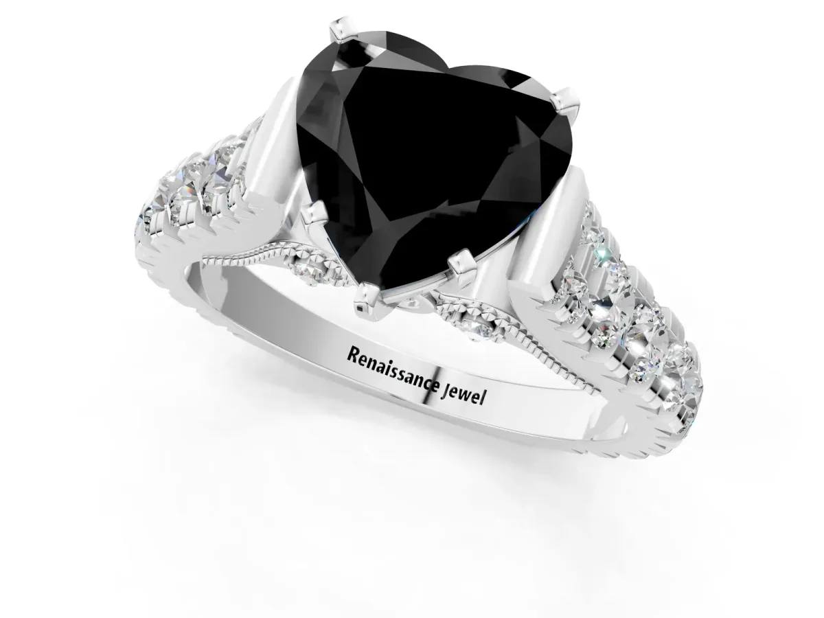 Fancy Black Heart Cut Diamond Classic Solitaire Ring with Pavé Band and Four-Prong Setting Silver