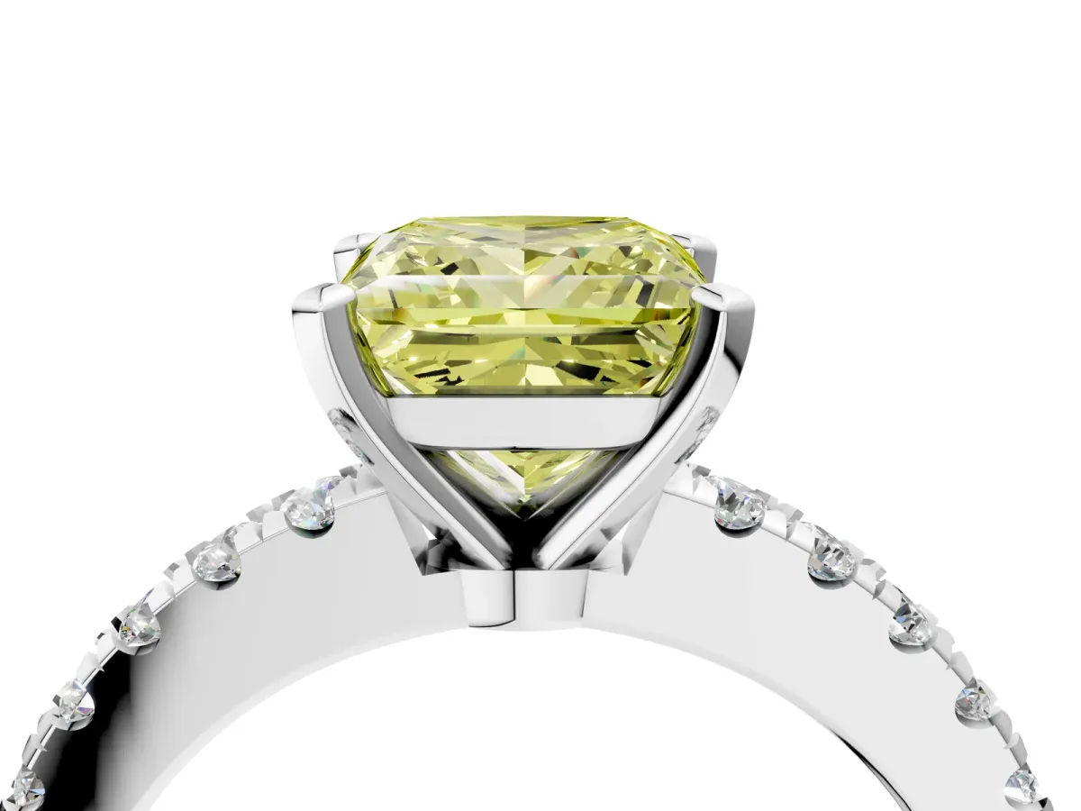 Fancy Yellow Princess Cut Solitaire Diamond with Pavé Band and Four-Prong Setting Silver