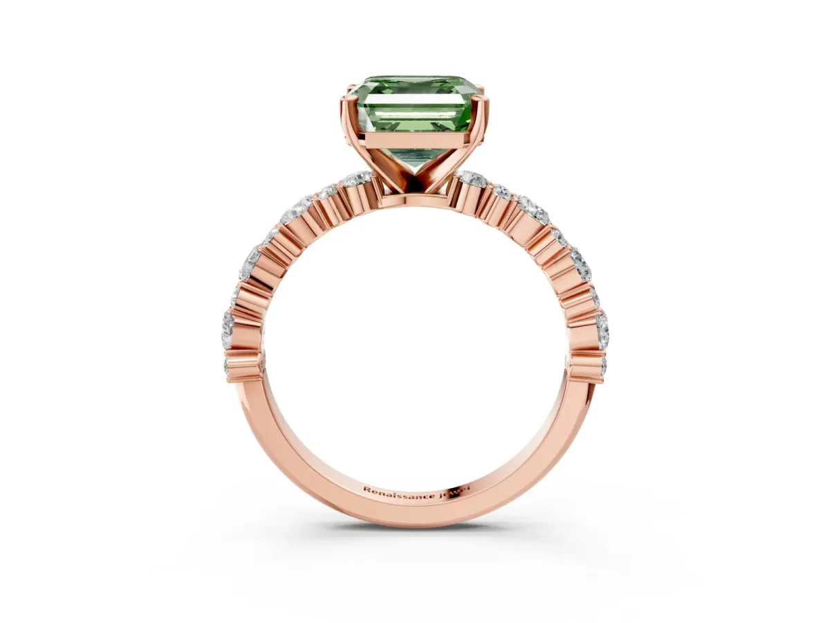Fancy Green Asscher Cut Diamond Side Stone Solitaire Ring with Round and Four-Prong Setting Rose gold