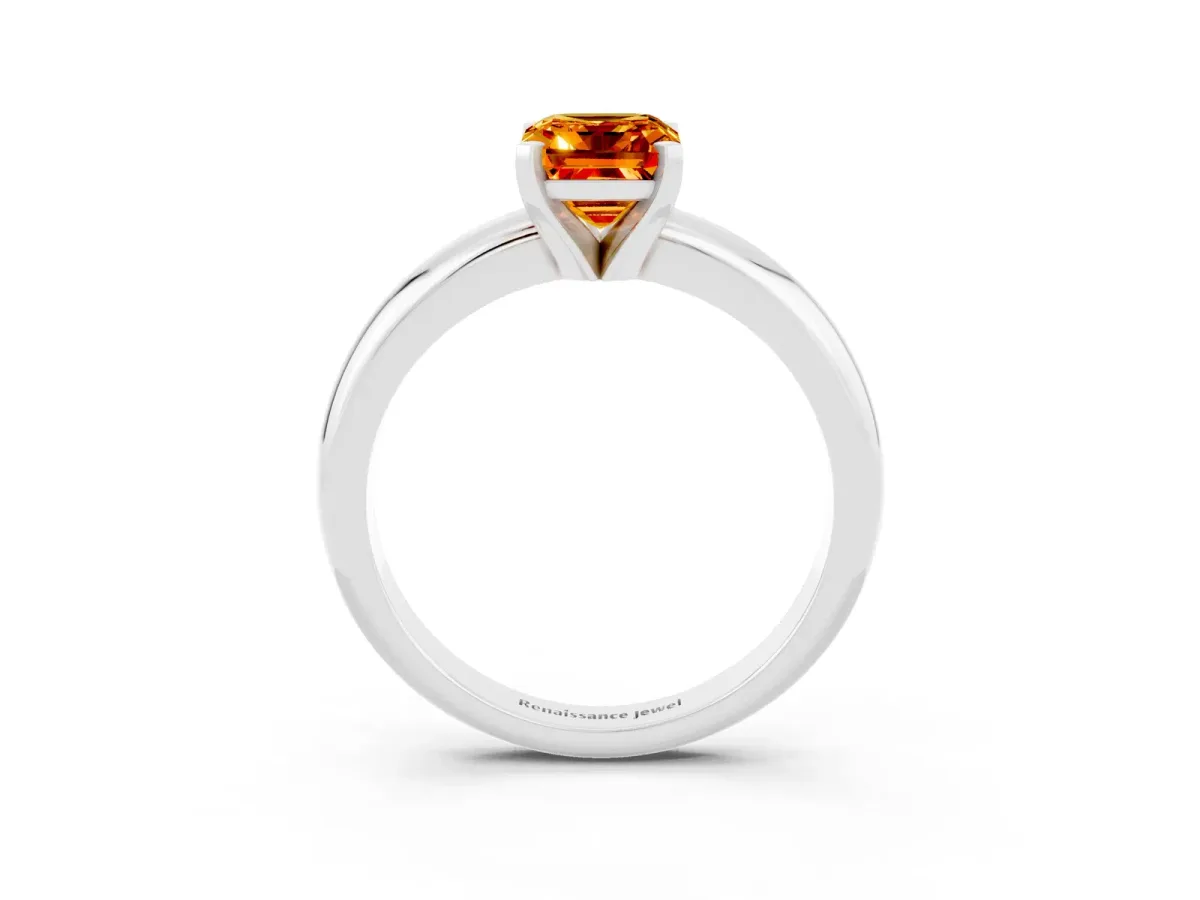 Emerald Cut Citrine Solitaire Engagement Ring with Round Band and Four-Prong Setting Platinum