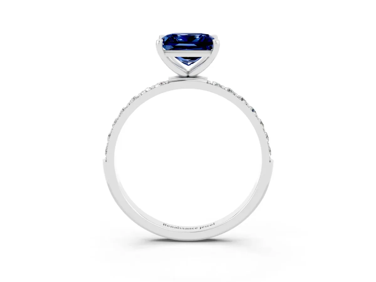 Princess Cut Blue Sapphire Solitaire Ring with Round Pavé Band and Prong Setting Silver